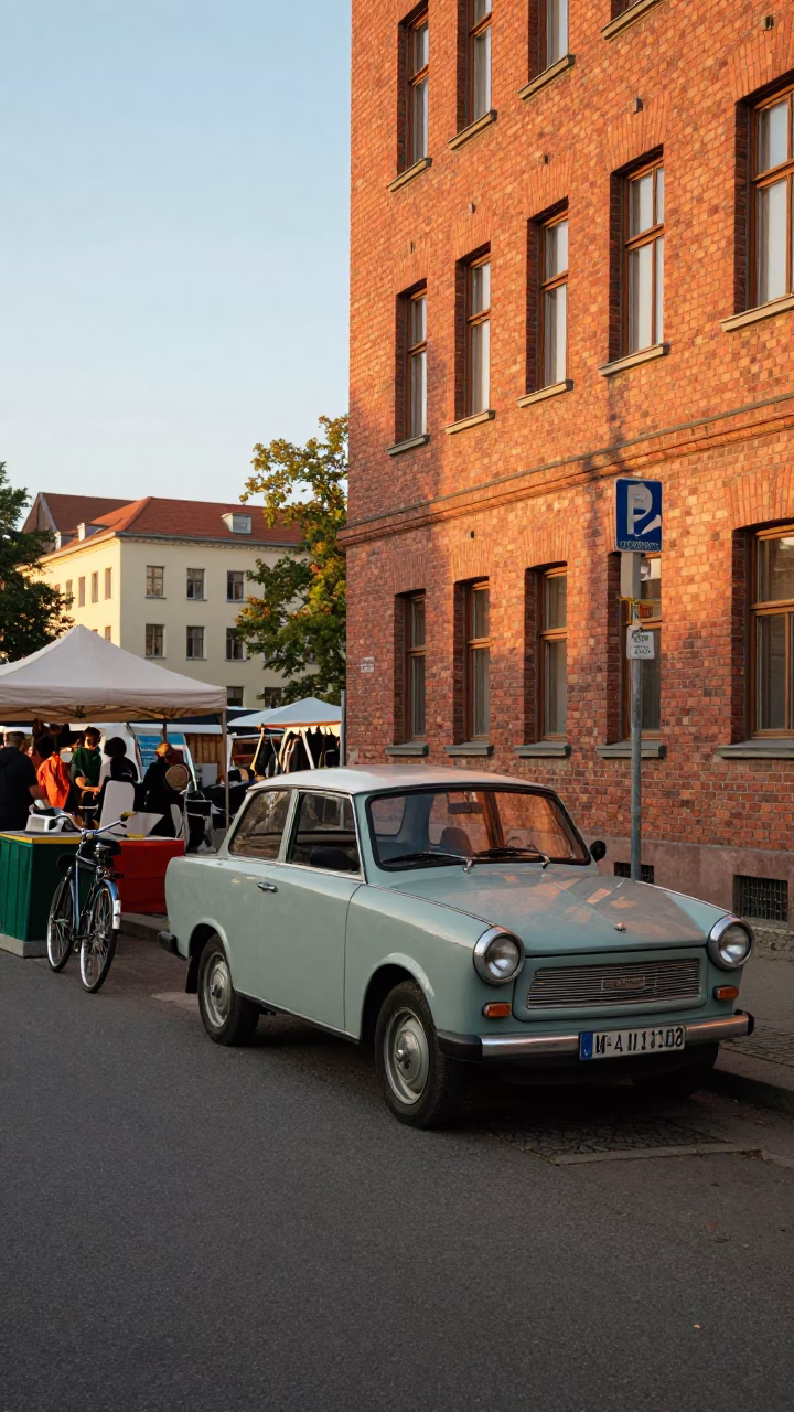 Golden Hour Street Scene in Berlin Germany with Vintage Bicycle and Local Market Basket in in Berlin, Germany
