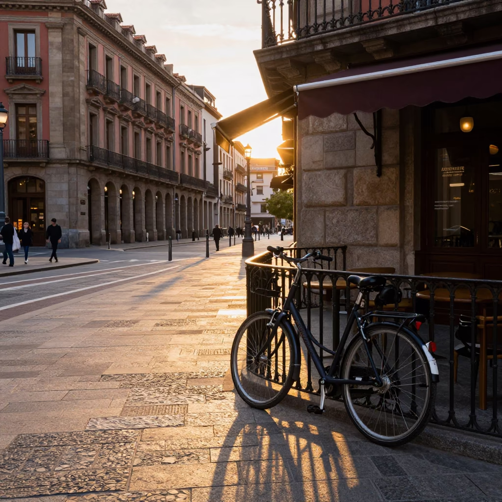 Golden Hour Street Scene in Bilbao Spain with Bicycle Leaning Against Cafe in in Bilbao, Spain