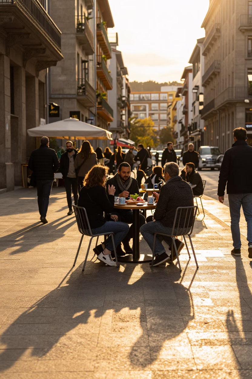 Golden Hour Street Scene in Bilbao Spain with Ceramic Mugs and Charcuterie in in Bilbao, Spain