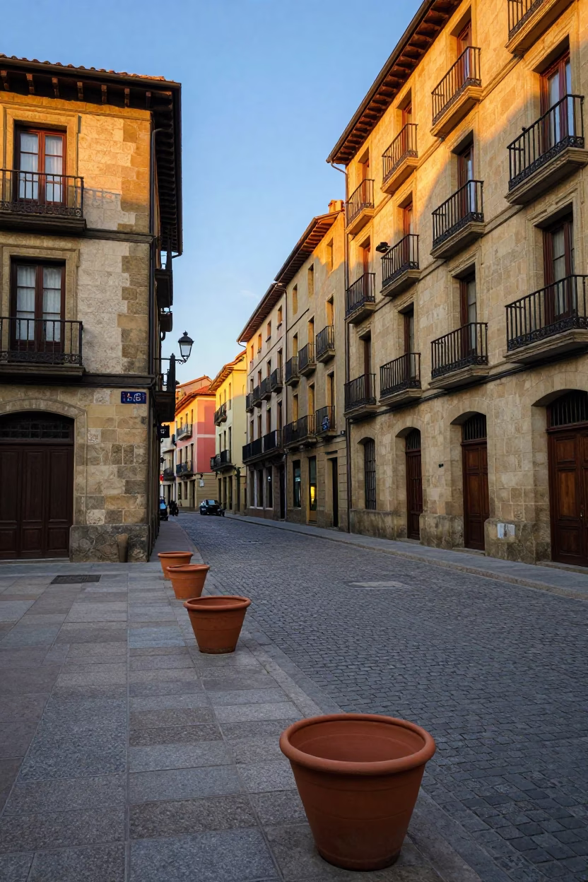 Golden Hour Street Scene in Bilbao Spain with Clay Pots and Local Life in in Bilbao, Spain