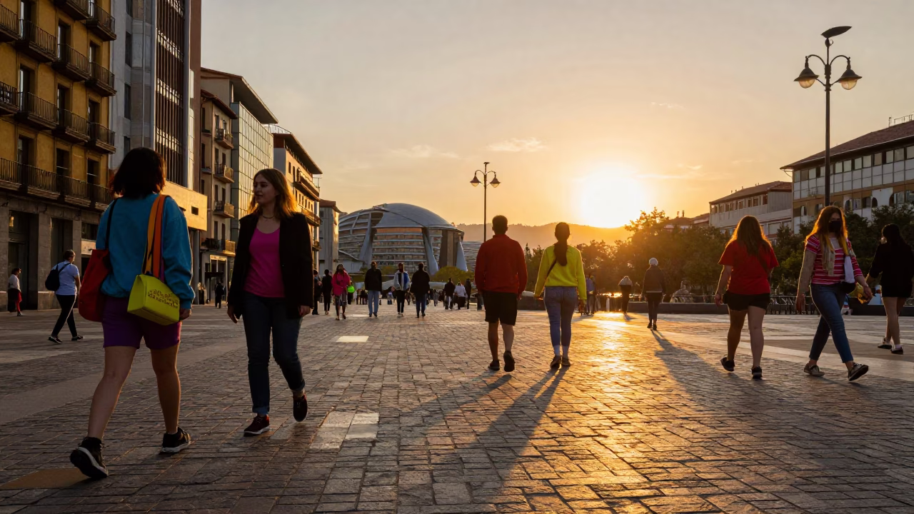 Golden Hour Street Scene in Bilbao Spain with Colorful Fashion and Local Details in in Bilbao, Spain
