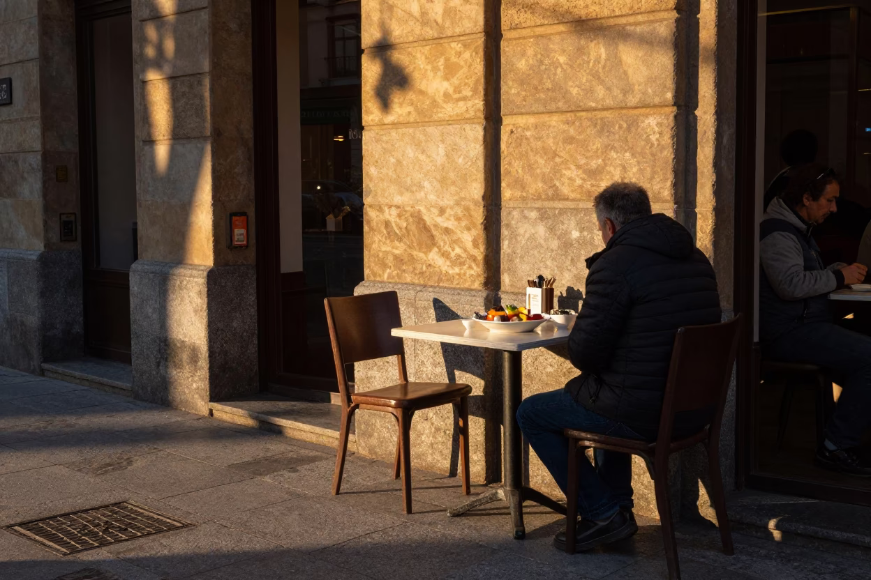 Golden Hour Street Scene in Bilbao Spain with Local Cafe Details in in Bilbao, Spain