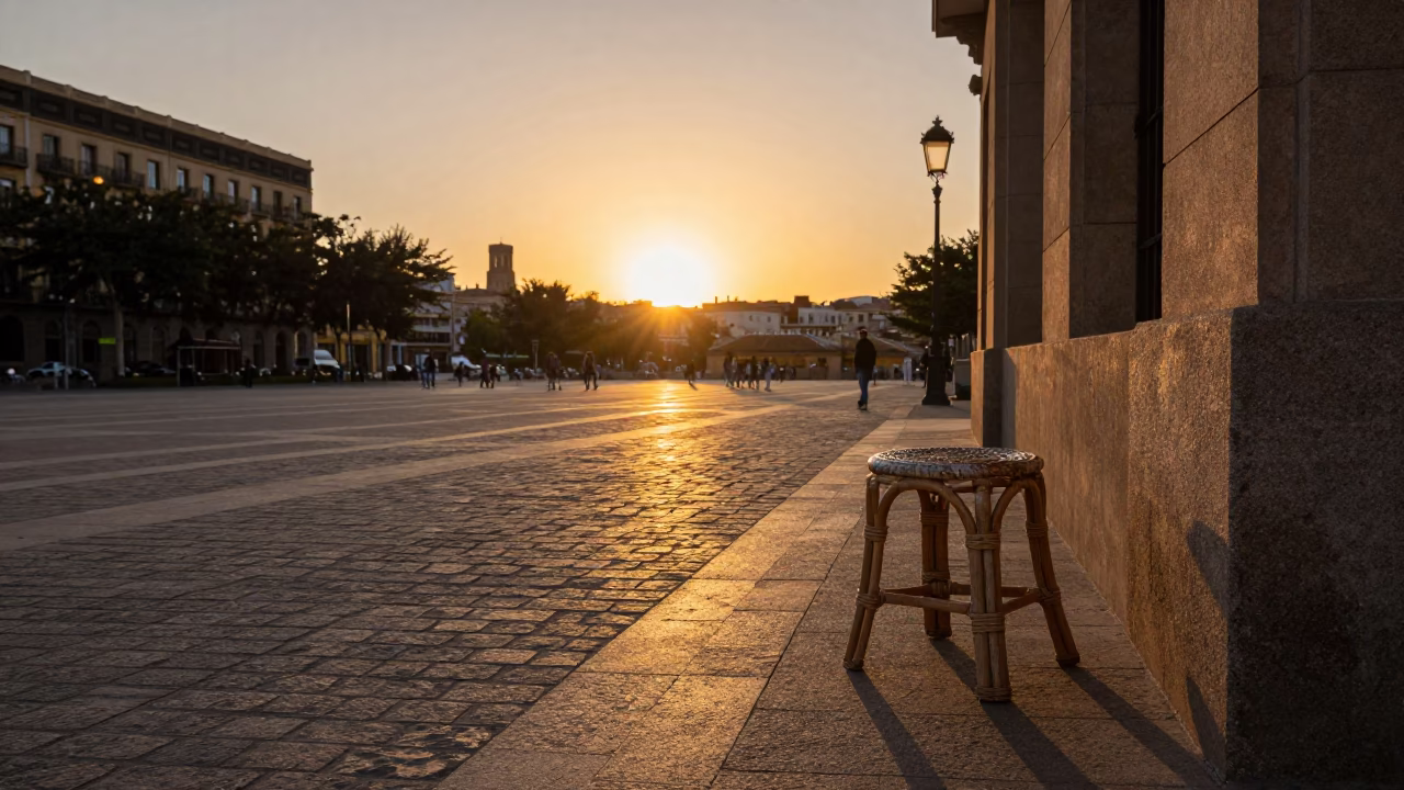 Golden Hour Street Scene in Bilbao Spain with Rattan Stool and Flowerpot in in Bilbao, Spain