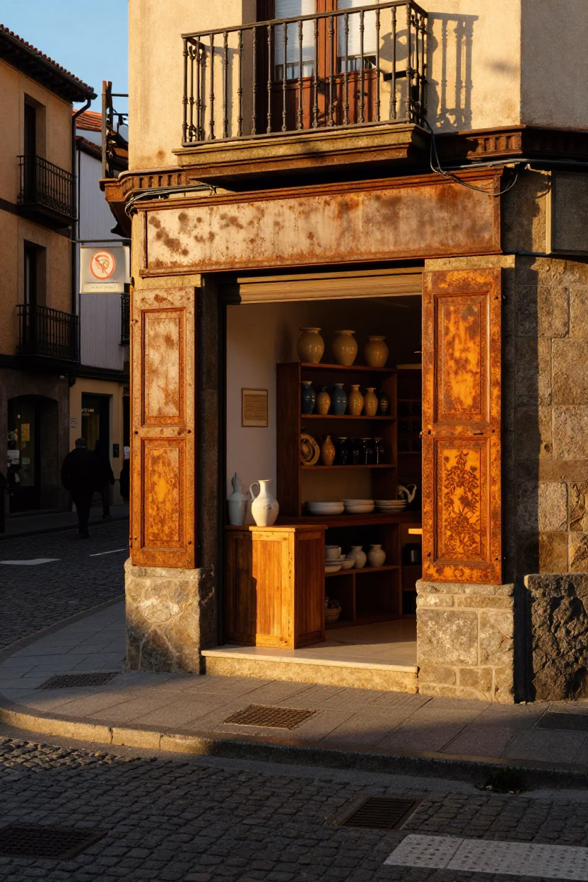 Golden Hour Street Scene in Bilbao Spain with Rustic Cabinet Details and Local Life in in Bilbao, Spain