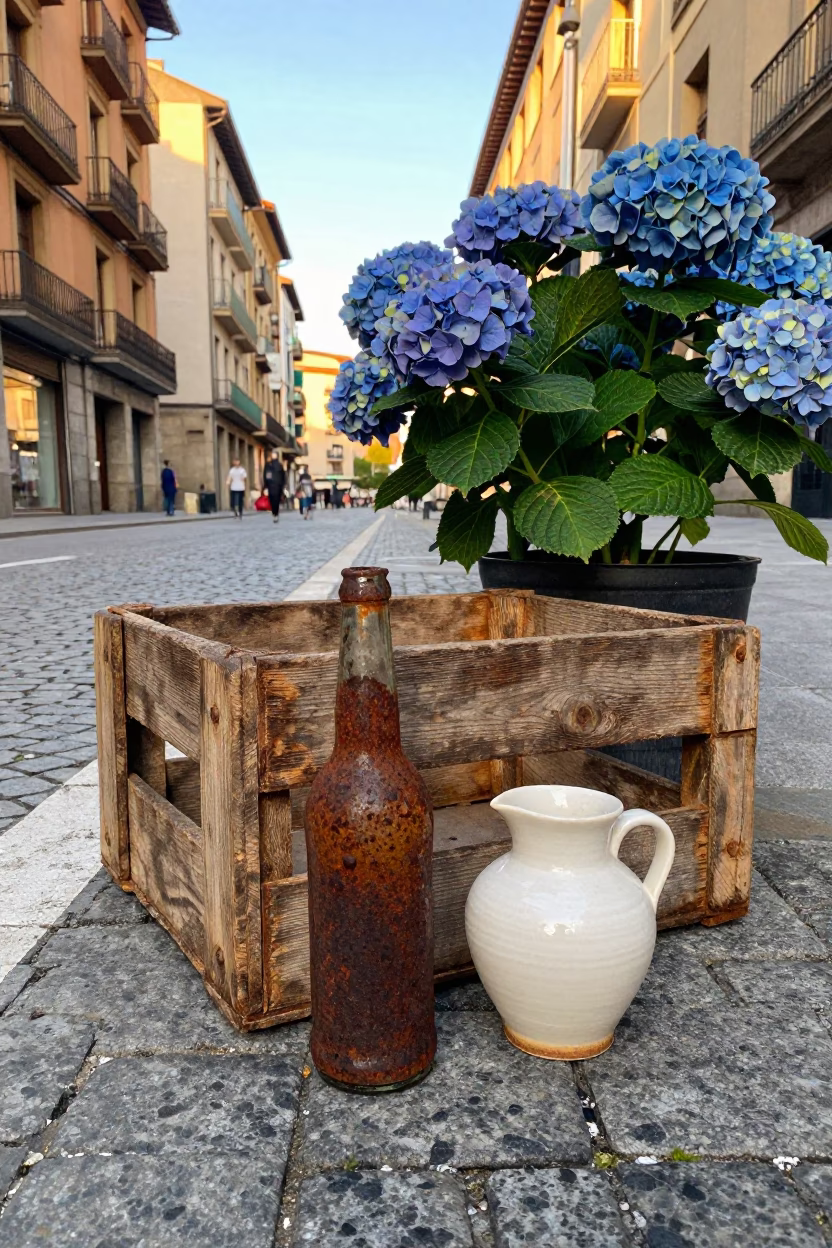 Golden Hour Street Scene in Bilbao Spain with Rusty Bottle and Hydrangeas in in Bilbao, Spain