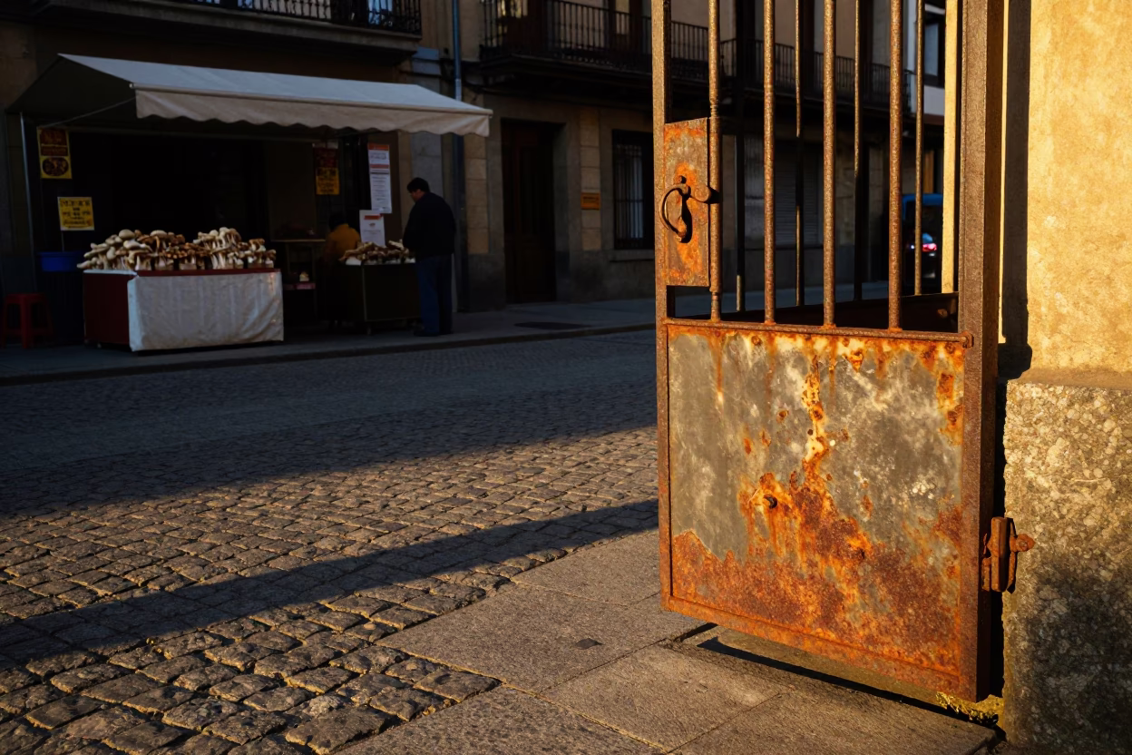 Golden Hour Street Scene in Bilbao Spain with Rusty Gate and Fresh Mushrooms in in Bilbao, Spain