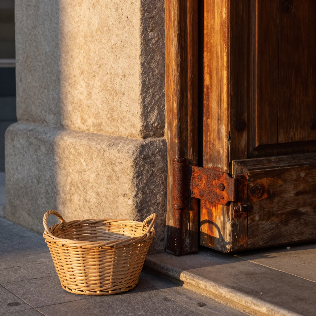 Golden Hour Street Scene in Bilbao Spain with Rusty Hinge and Woven Basket in in Bilbao, Spain