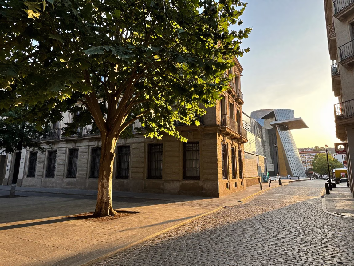 Golden Hour Street Scene in Bilbao Spain with Tree and Architectural Details in in Bilbao, Spain