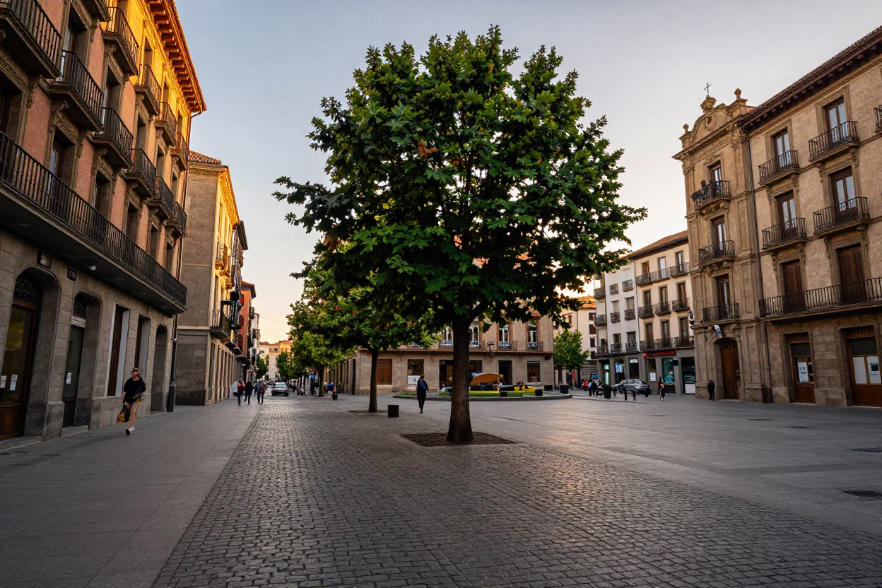 Golden Hour Street Scene in Bilbao Spain with Tree and Urban Elements in in Bilbao, Spain