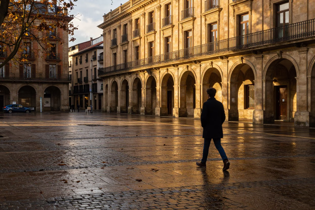 Golden Hour Street Scene in Bilbao Spain with University Arcade and Wet Leaves in in Bilbao, Spain