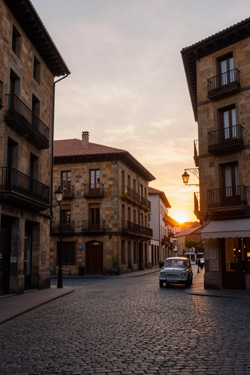 Golden hour street scene in Bilbao Spain with vintage 1960s architecture and urban life in in Bilbao, Spain