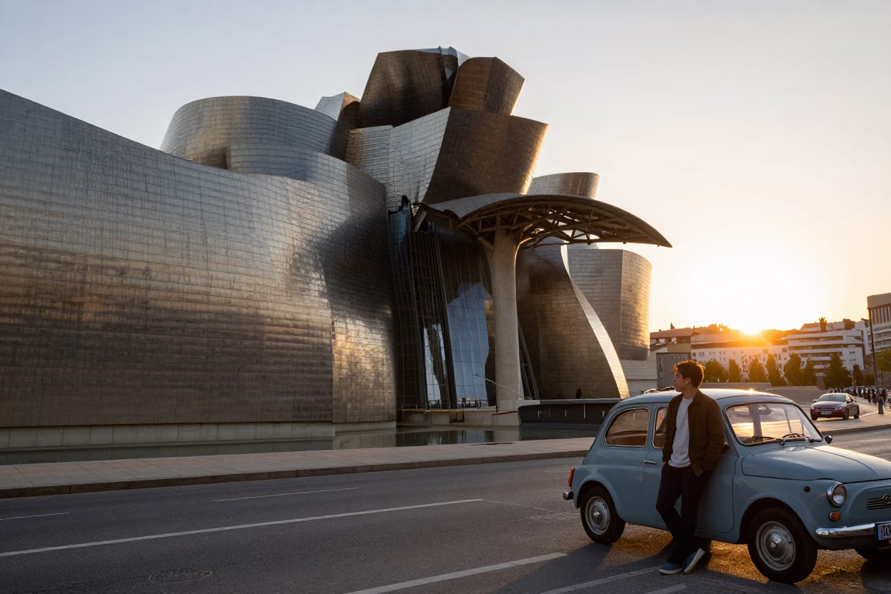 Golden Hour Street Scene in Bilbao Spain with Vintage Car and Local Life in in Bilbao, Spain