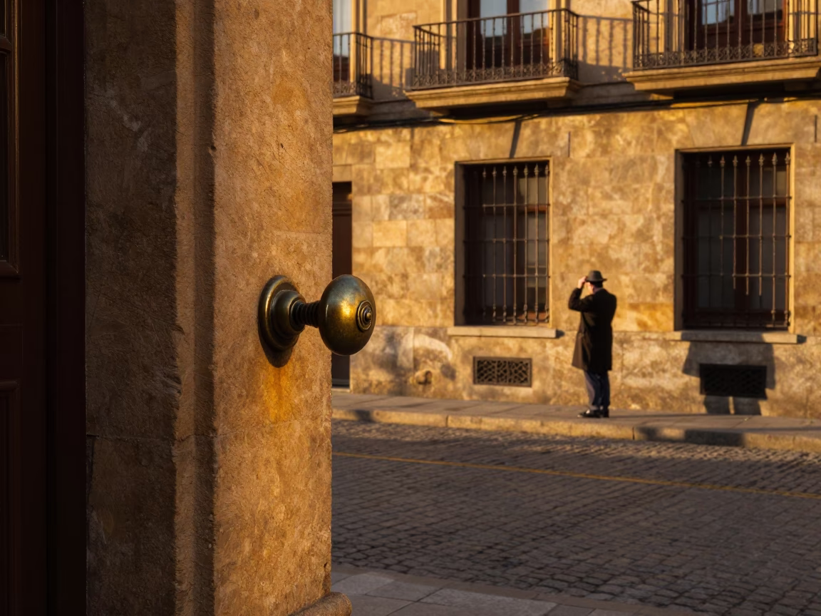 Golden Hour Street Scene in Bilbao Spain with Vintage Doorknob Detail in in Bilbao, Spain