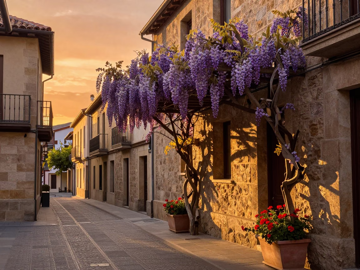 Golden Hour Street Scene in Bilbao Spain with Wisteria and Geraniums in in Bilbao, Spain