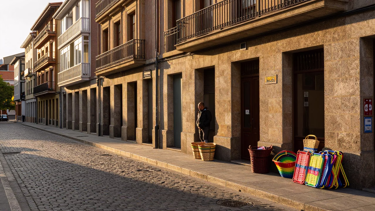 Golden Hour Street Scene in Bilbao Spain with Woven Baskets and Colorful Folding Chair in in Bilbao, Spain