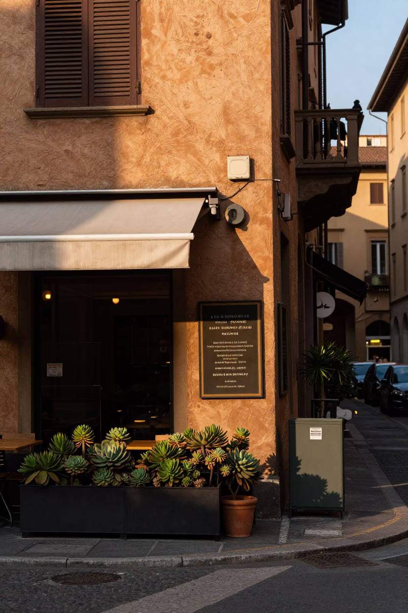 Golden Hour Street Scene in Bologna Italy with Cafe Exterior and Succulents in in Bologna, Italy