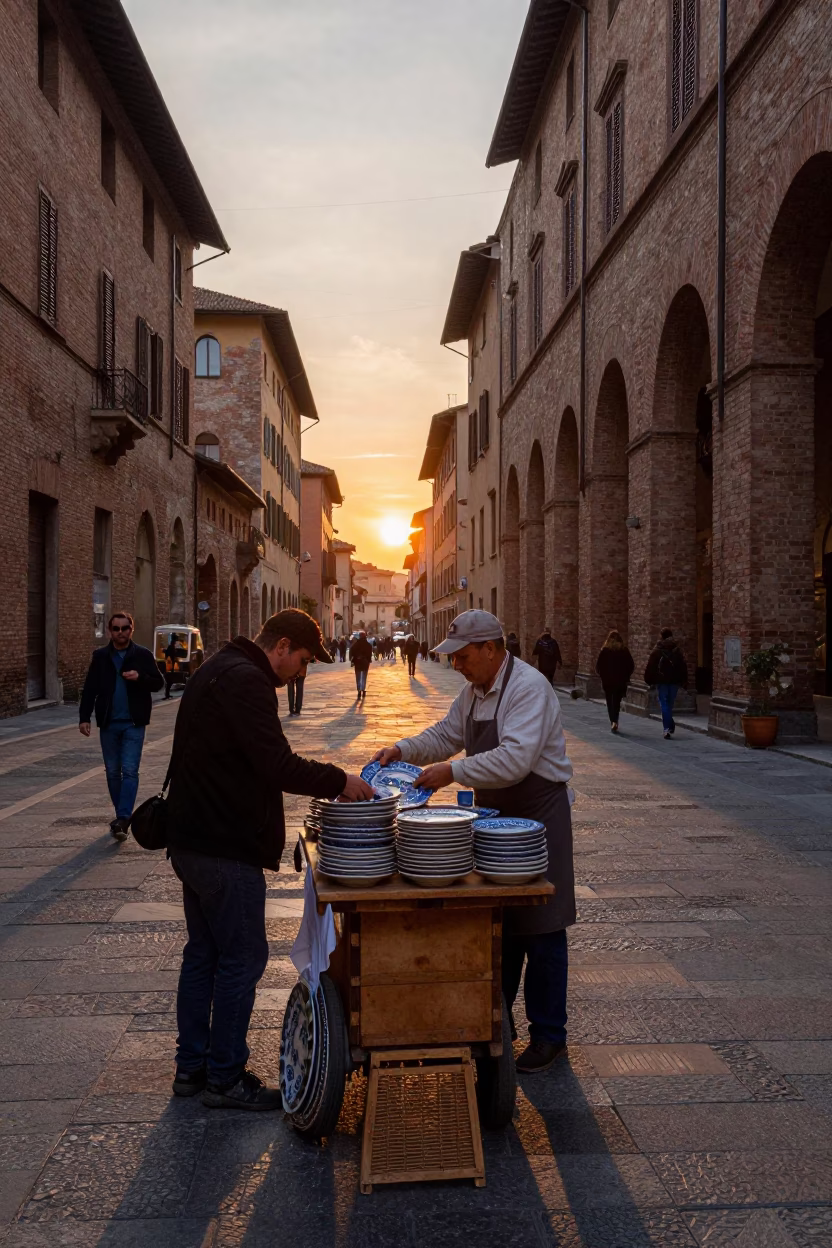 Golden Hour Street Scene in Bologna Italy with Ceramic Plates and Condensation in in Bologna, Italy