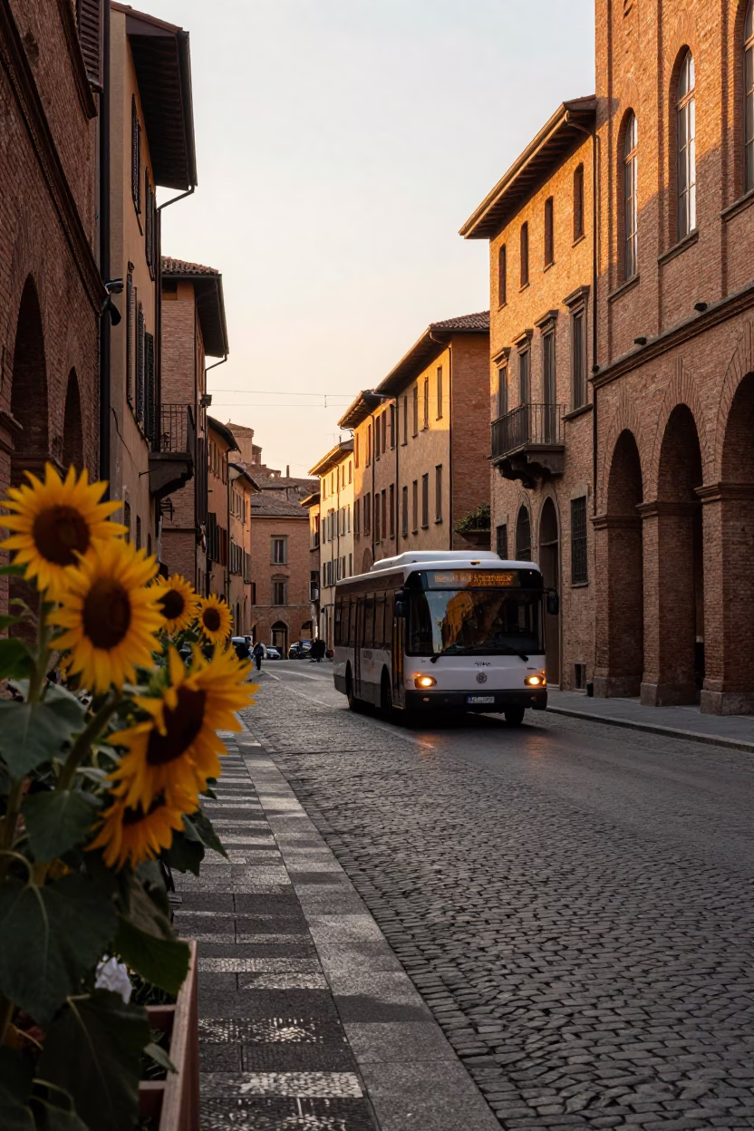Golden Hour Street Scene in Bologna Italy with Classic Bus and Sunflowers in in Bologna, Italy