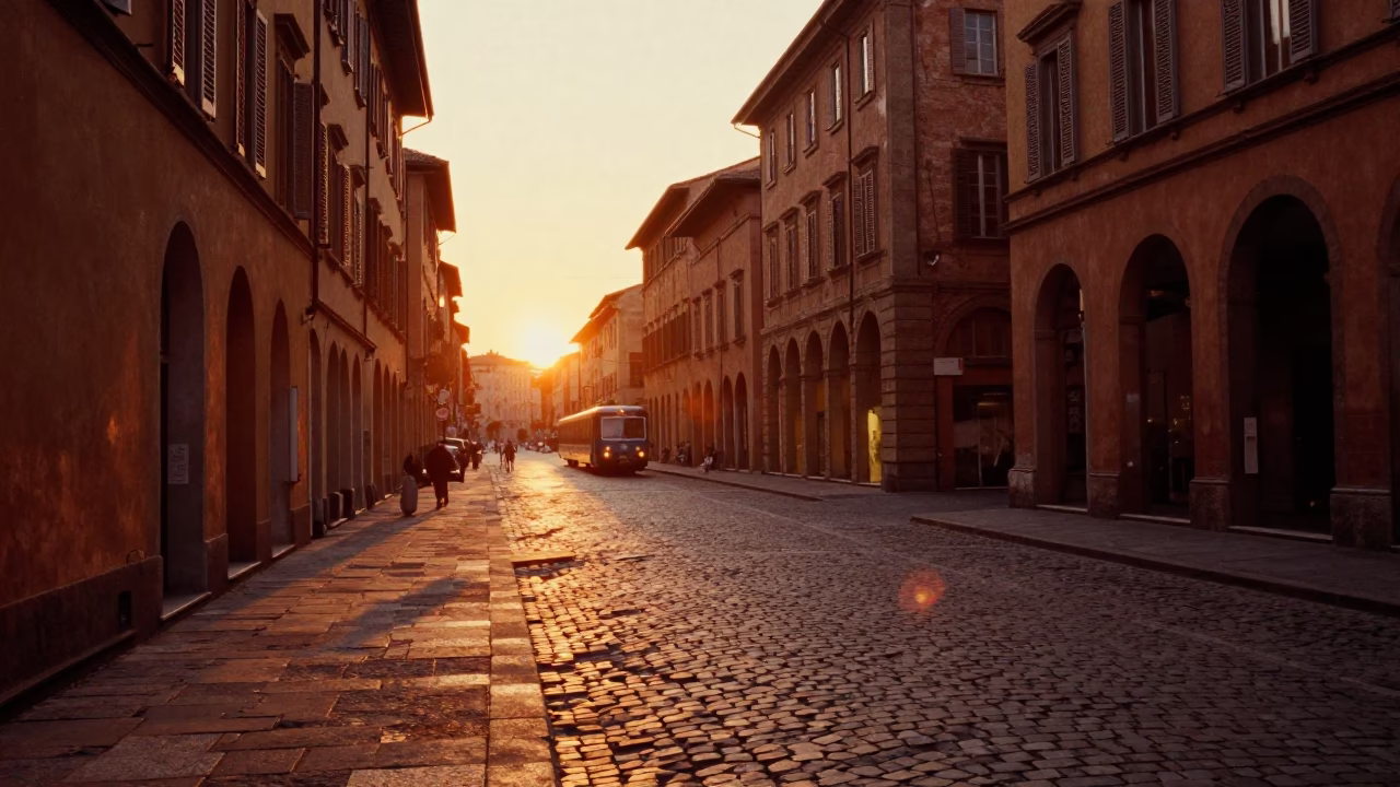 Golden Hour Street Scene in Bologna Italy with Cobblestones and Sunset Light in in Bologna, Italy