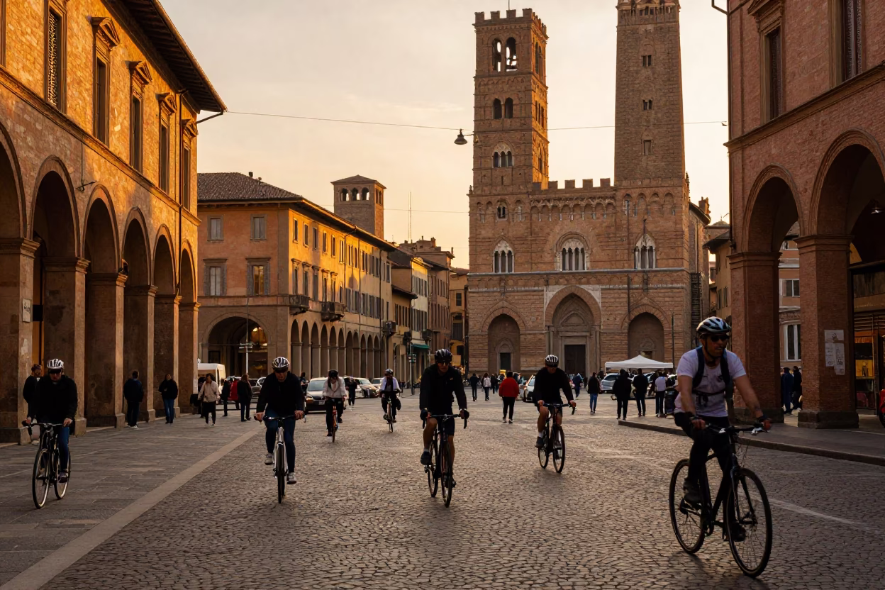 Golden Hour Street Scene in Bologna Italy with Cyclists and Historic Architecture in in Bologna, Italy