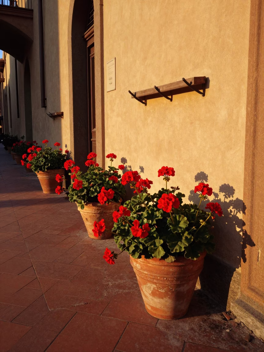 Golden Hour Street Scene in Bologna Italy with Geraniums and Tool Hooks in in Bologna, Italy