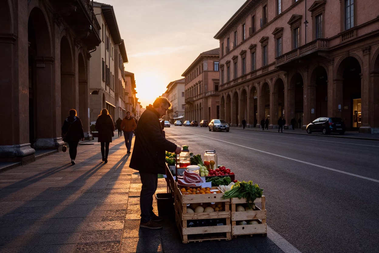 Golden Hour Street Scene in Bologna Italy with Glass Jar and Sunflowers in in Bologna, Italy