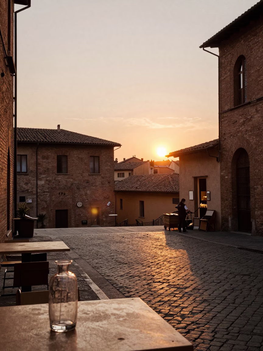 Golden Hour Street Scene in Bologna Italy with Glass Vase and Succulents on Cobblestone in in Bologna, Italy