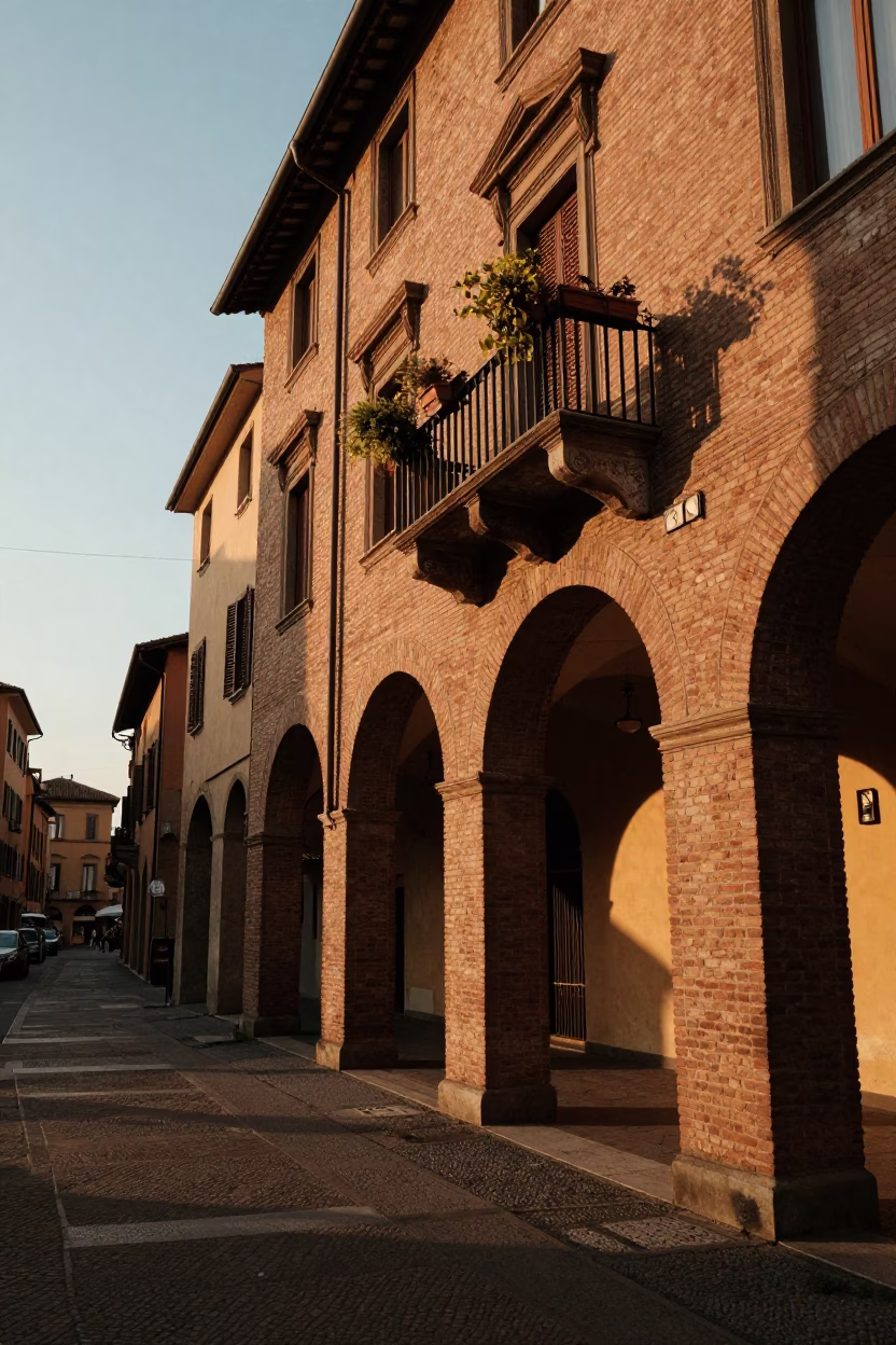 Golden Hour Street Scene in Bologna Italy with Hanging Plants and Fig Trees in in Bologna, Italy
