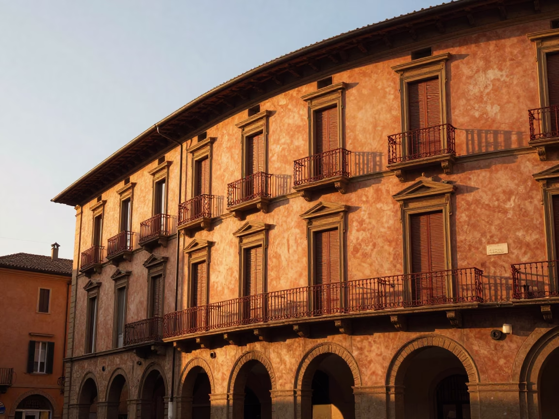 Golden hour street scene in Bologna Italy with historic architecture and local life in in Bologna, Italy