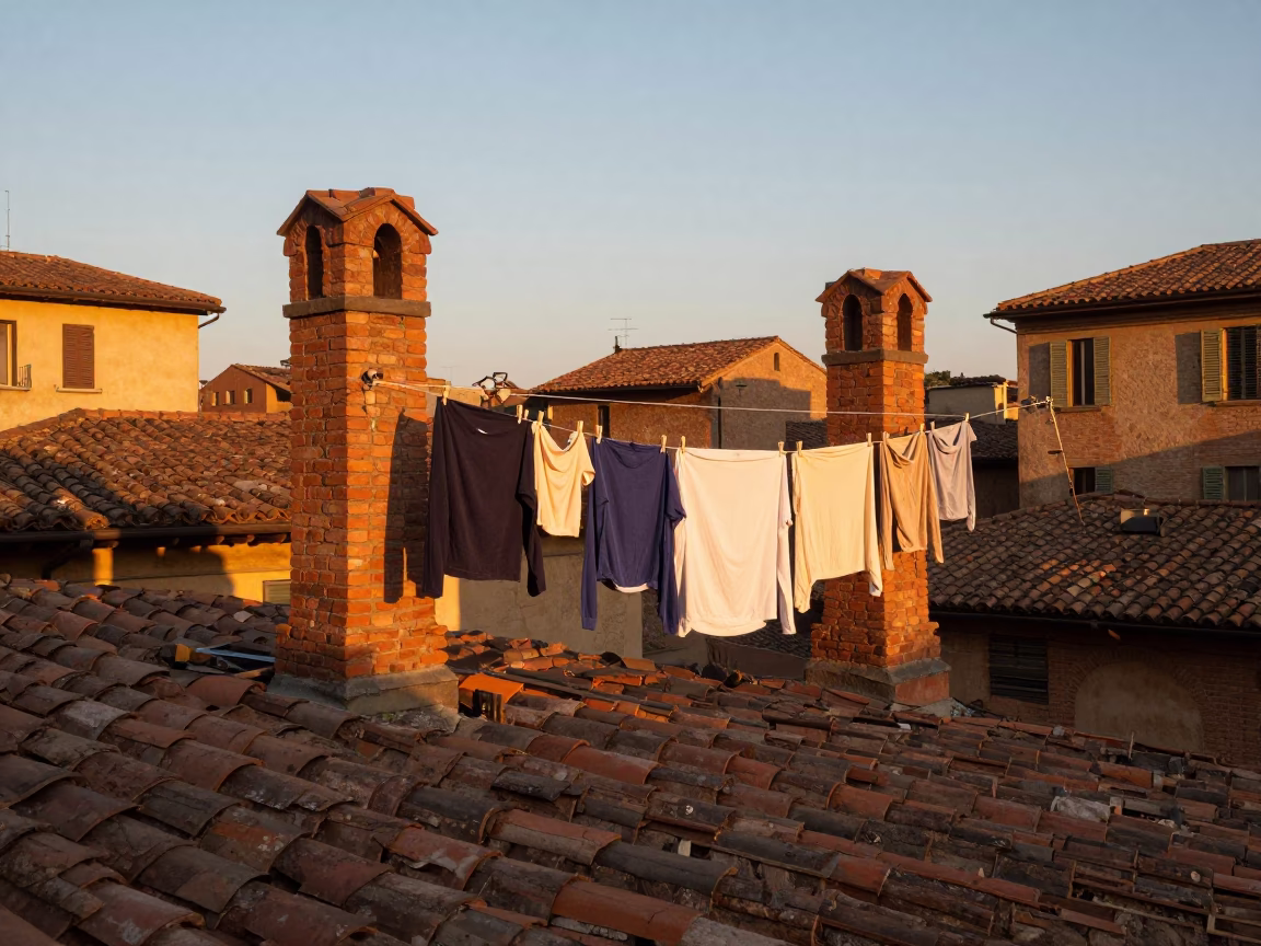 Golden Hour Street Scene in Bologna Italy with Laundry and Historic Architecture in in Bologna, Italy