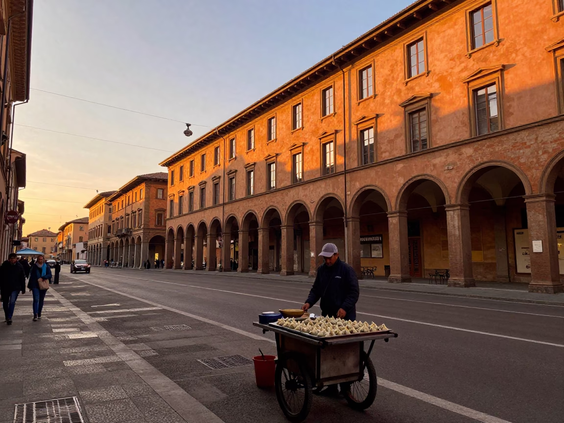 Golden Hour Street Scene in Bologna Italy with Manti Dumplings and Traditional Architecture in in Bologna, Italy