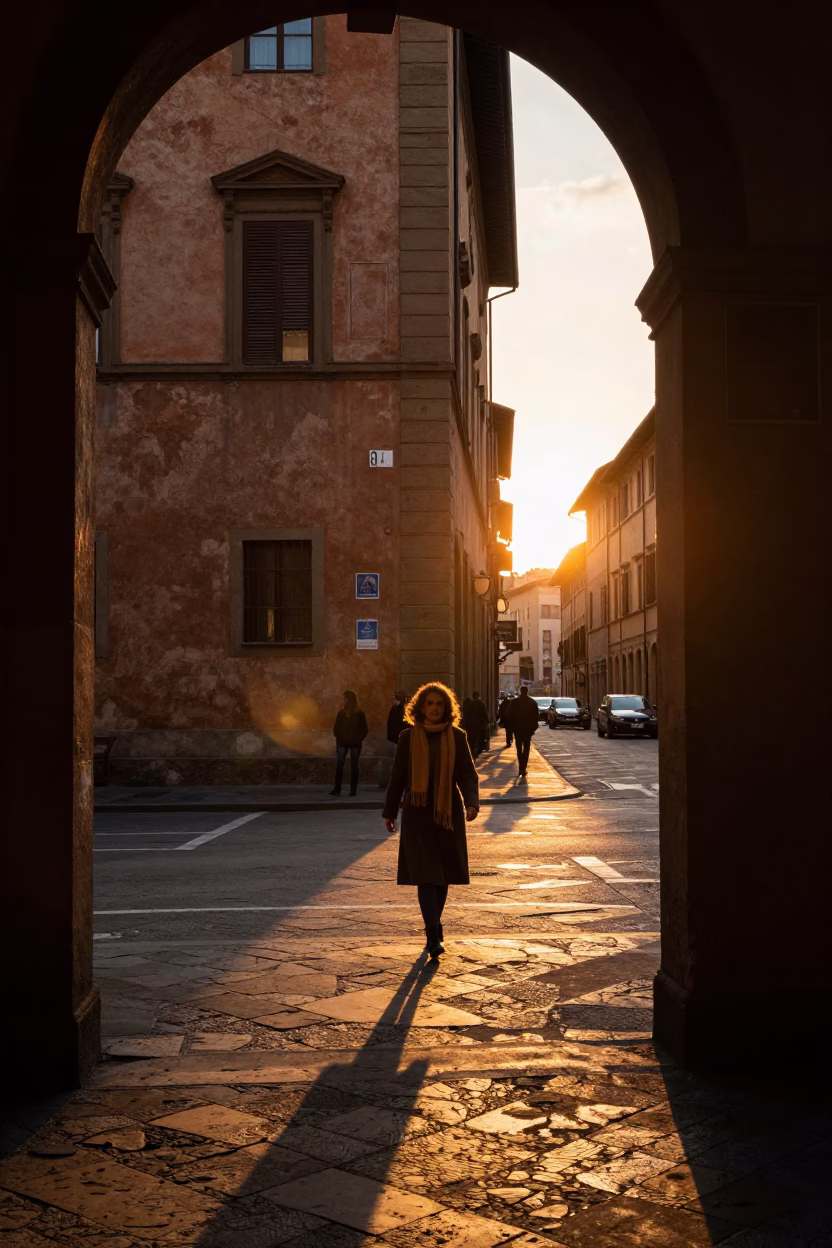 Golden Hour Street Scene in Bologna Italy with Scarf and Doorframe in in Bologna, Italy