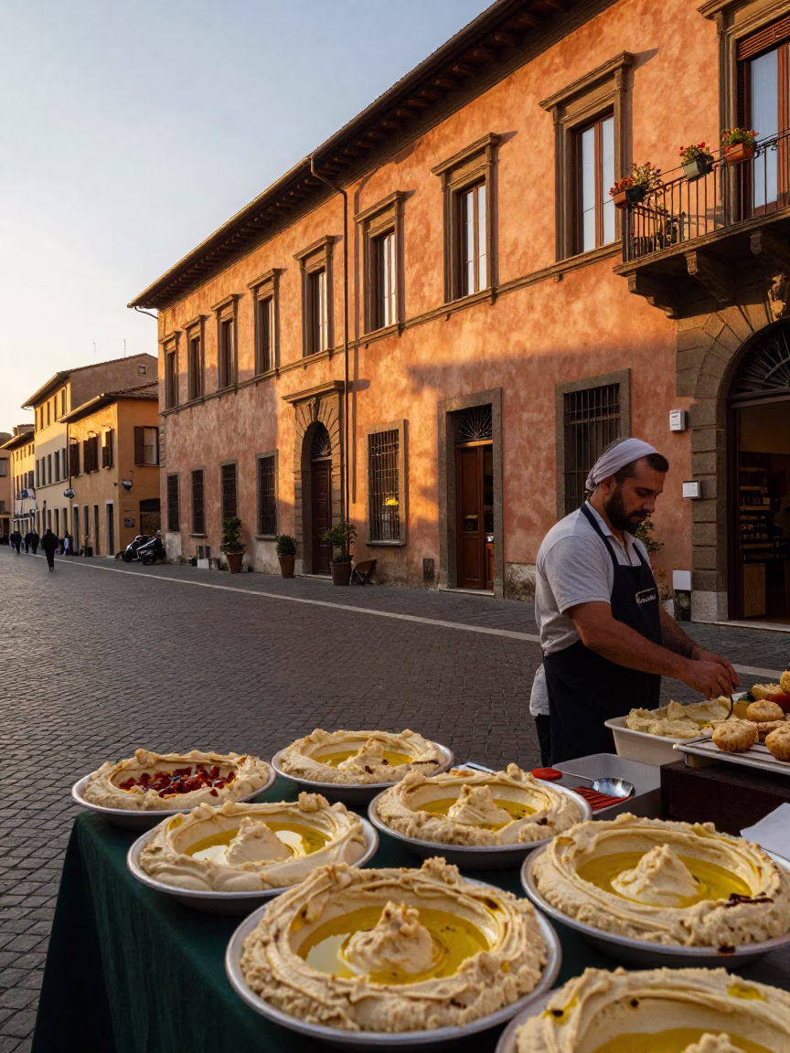 Golden Hour Street Scene in Bologna Italy with Shopkeeper and Hummus Spread in in Bologna, Italy