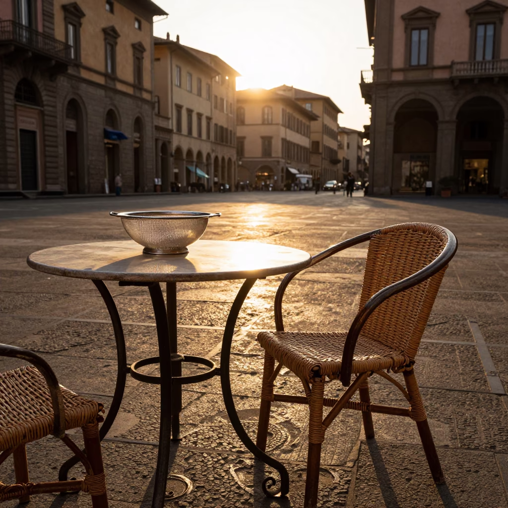 Golden Hour Street Scene in Bologna Italy with Sunlight on Table and Rattan Chair in in Bologna, Italy