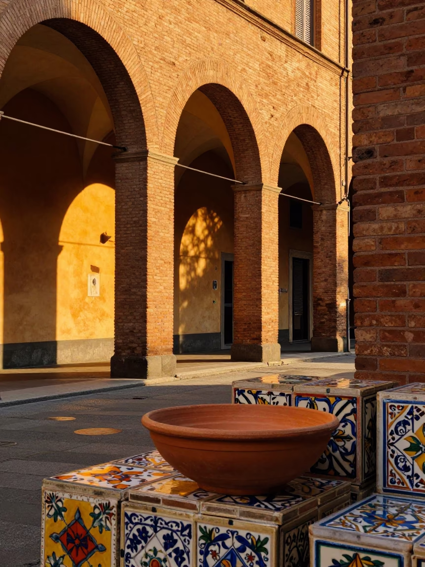 Golden Hour Street Scene in Bologna Italy with Terracotta Bowl and Ceramic Tiles in in Bologna, Italy