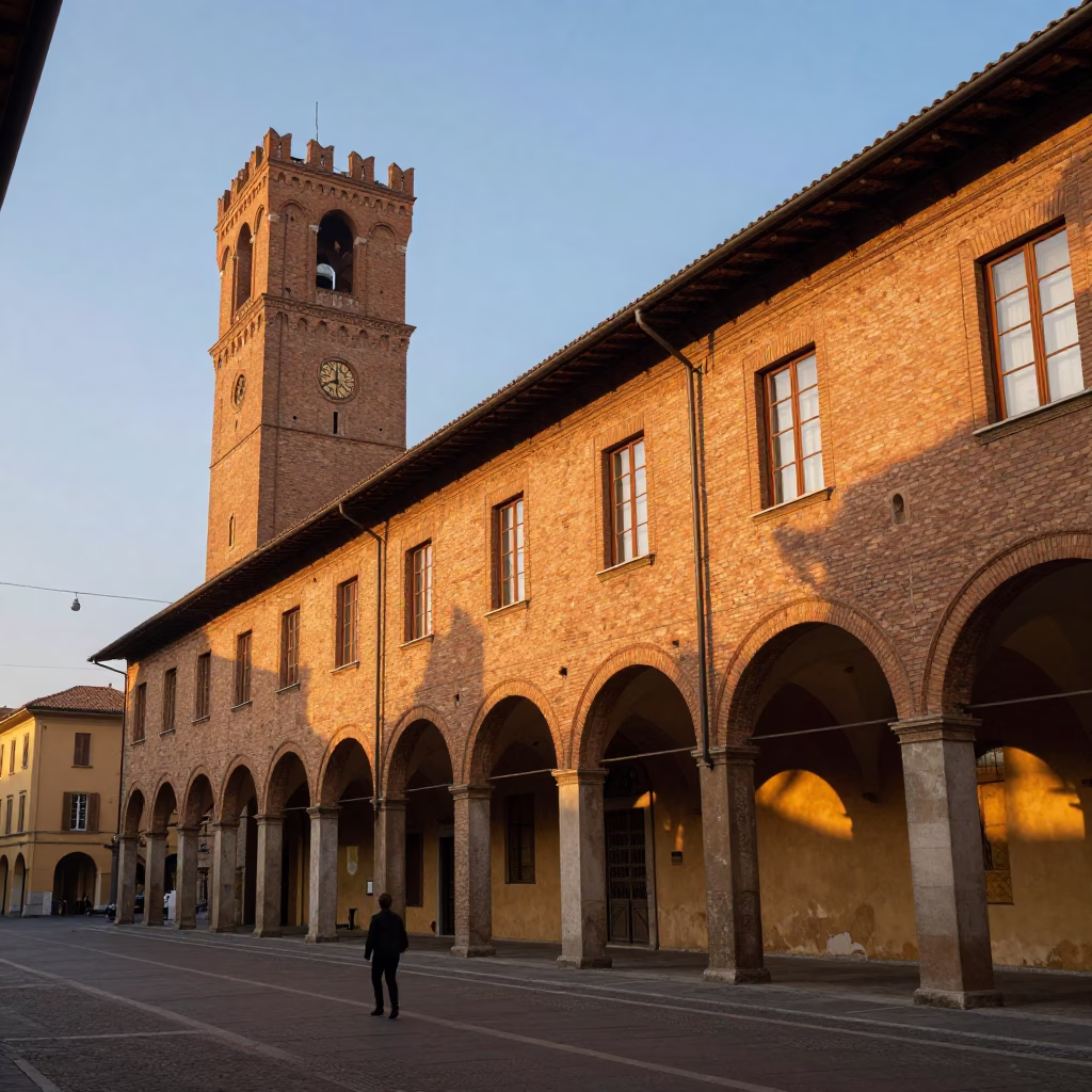 Golden Hour Street Scene in Bologna Italy with Traditional Architectural Details and Local Life in in Bologna, Italy