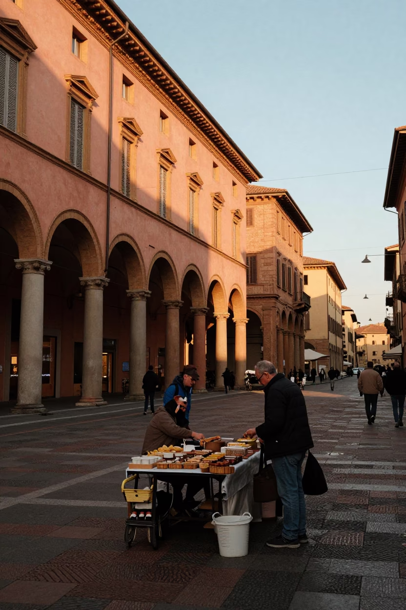Golden Hour Street Scene in Bologna Italy with Traditional Food and Daily Life in in Bologna, Italy