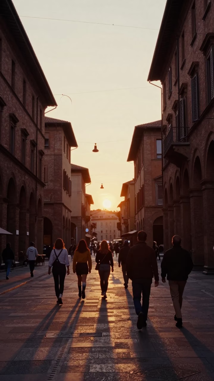 Golden Hour Street Scene in Bologna Italy with Vintage 1960s Aesthetic and Local Life in in Bologna, Italy