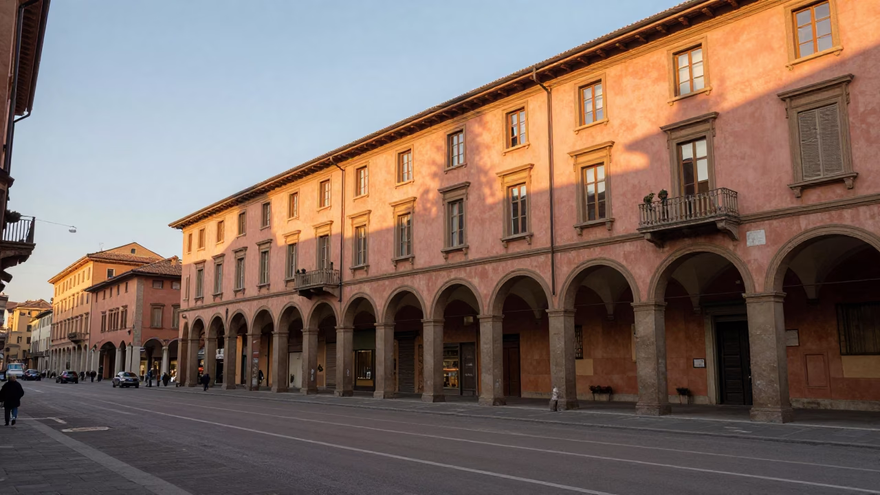 Golden Hour Street Scene in Bologna Italy with Vintage 1960s Aesthetic in in Bologna, Italy