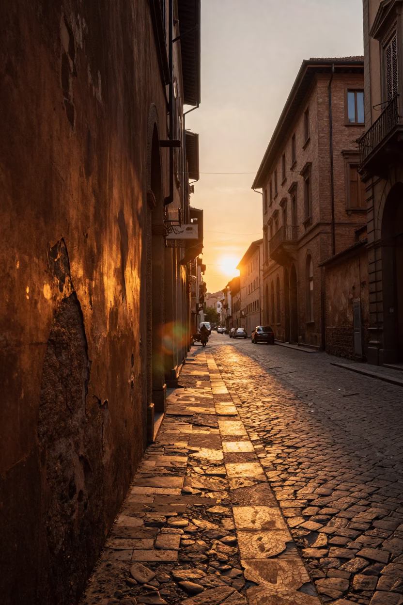 Golden Hour Street Scene in Bologna Italy with Vintage 1970s Aesthetic and Traditional Architecture in in Bologna, Italy
