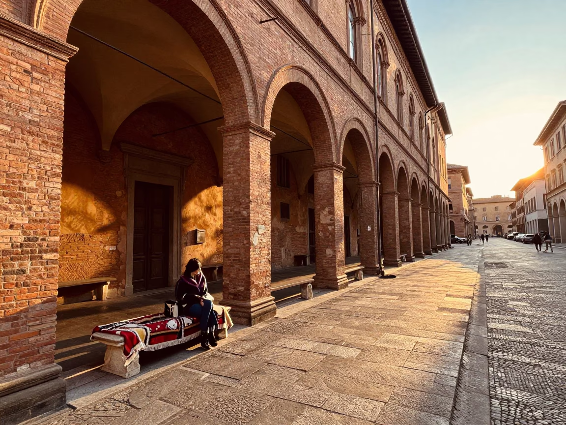 Golden Hour Street Scene in Bologna Italy with Vintage Blanket on Historic Portico in in Bologna, Italy