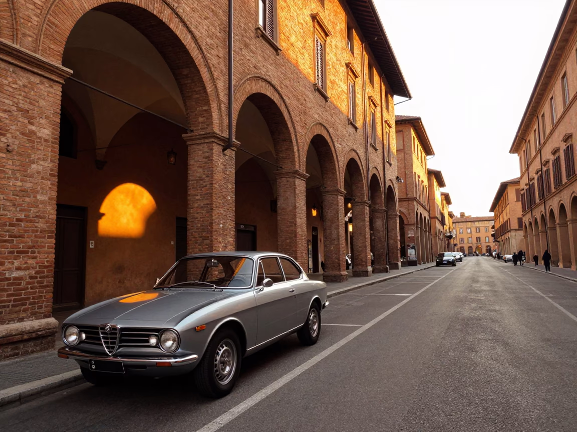 Golden Hour Street Scene in Bologna Italy with Vintage Car and Traditional Architecture in in Bologna, Italy