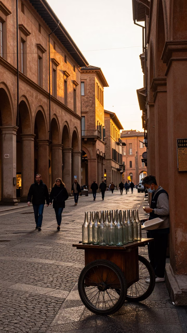 Golden Hour Street Scene in Bologna Italy with Vintage Glass Bottles and Local Life in in Bologna, Italy