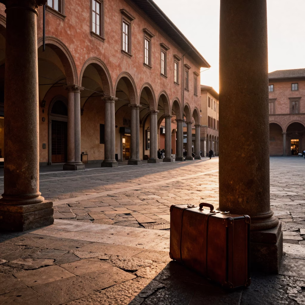 Golden Hour Street Scene in Bologna Italy with Vintage Suitcases and Local Architecture in in Bologna, Italy