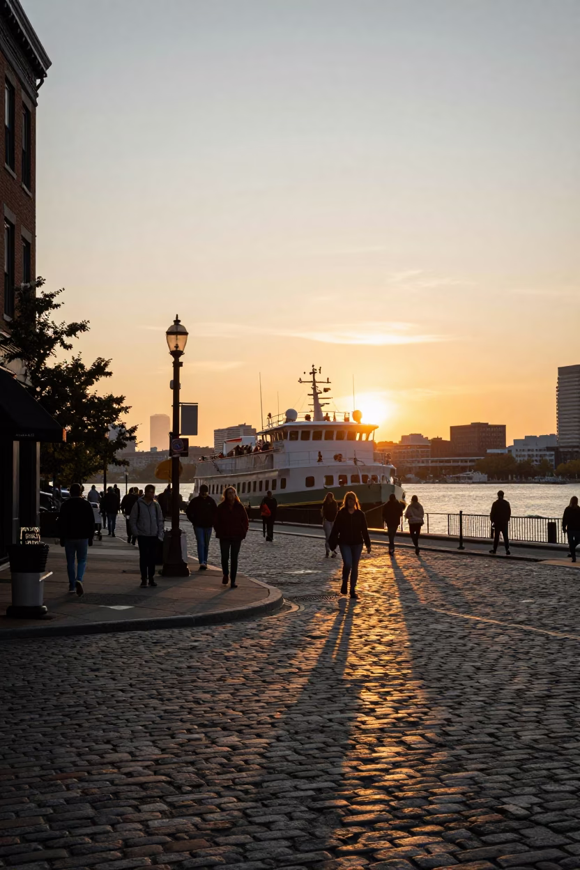 Golden Hour Street Scene in Boston Massachusetts with Harbor Pilot Boat and Pedestrians in in Boston, Massachusetts, United States