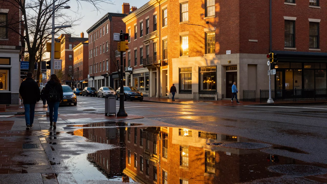 Golden Hour Street Scene in Boston Massachusetts with Puddle Reflections and Urban Life in in Boston, Massachusetts, United States