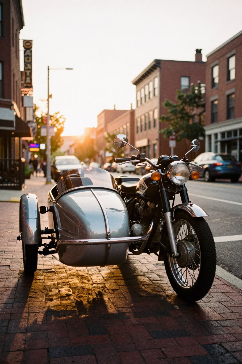 Golden Hour Street Scene in Boston Massachusetts with Vintage Motorcycle and Sidecar in in Boston, Massachusetts, United States