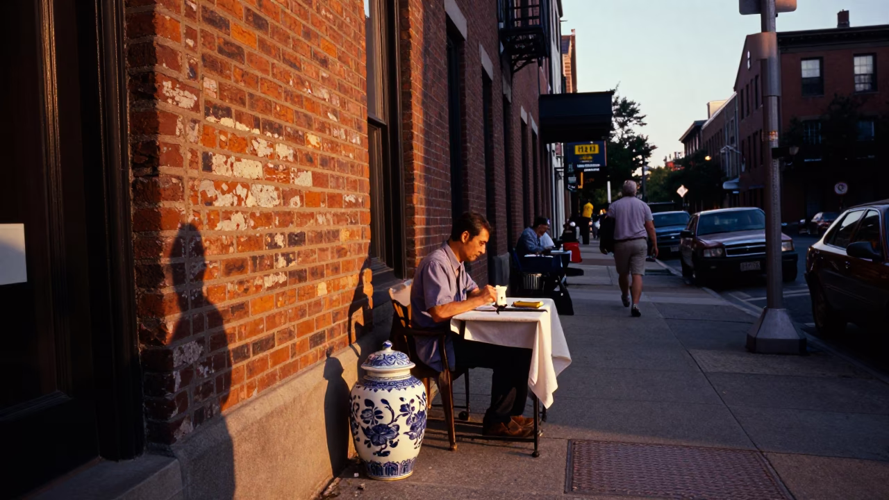 Golden Hour Street Scene in Boston Massachusetts with Vintage Porcelain Jar and Tailor Shears in in Boston, Massachusetts, United States