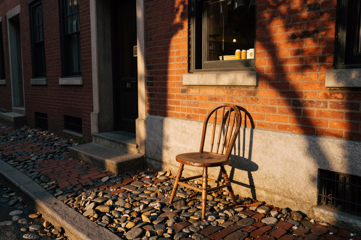 Golden Hour Street Scene in Boston Massachusetts with Vintage Spindle Chair and Pastry Box in in Boston, Massachusetts, United States