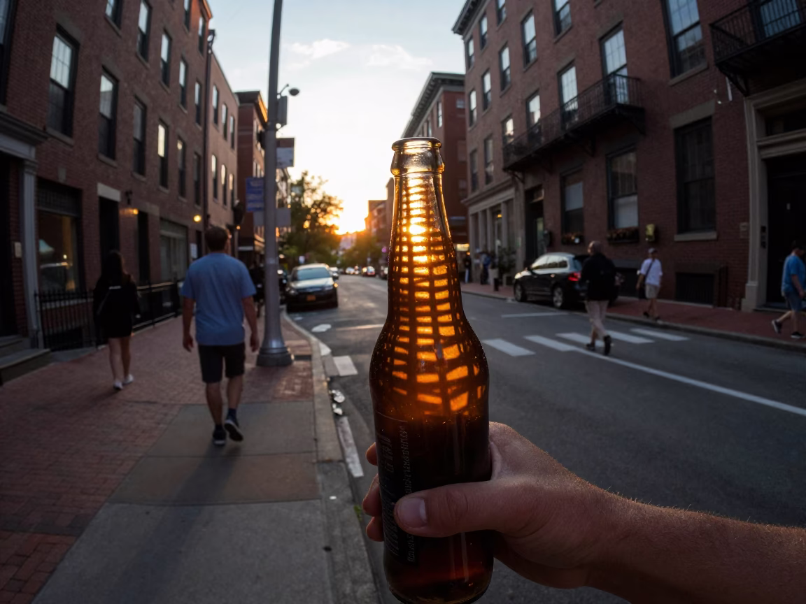 Golden Hour Street Scene in Boston with Wicker Shadow on Bottle Neck in in Boston, Massachusetts, United States